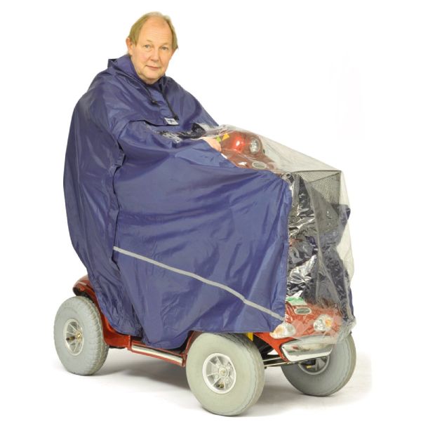 Waterproof Mobility Scooter Cape, designed to protect you and your mobility scooter from rain or inclement weather.
