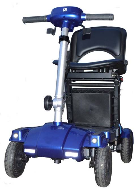 Blue i3 boot mobility scooter, one-hand folding mechanism, USB port for charging, and onboard storage compartment.