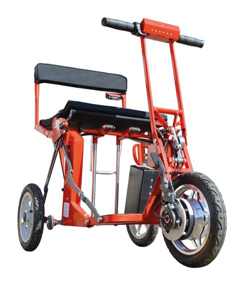 Red Di Blasi R30 folding mobility scooter, suitcase-sized with a handle for pulling and automatic folding mechanism.