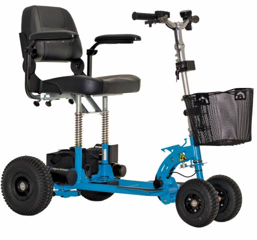 The vibrant blue SupaScoota mobility scooter with electronic stability control and optional battery types.