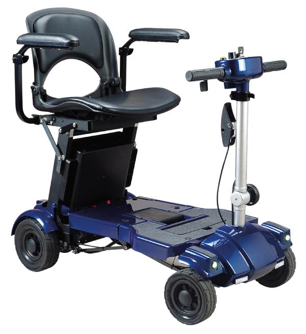 Blue i3 mobility scooter with adjustable seat and handlebars, designed for compact and easy transportation.