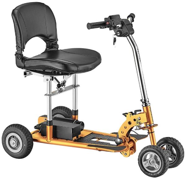 A photo of a yellow SupaLite 4 portable & lightweight mobility scooter on a white background.